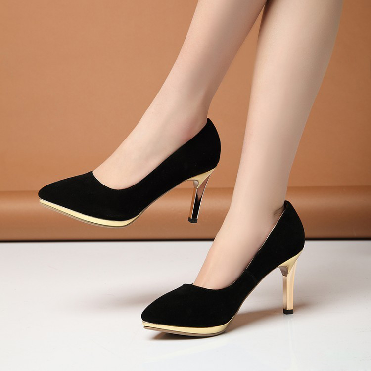 卡丝拉狄 cathyladi 时尚休闲纯色尖头细跟磨砂高跟鞋女士单鞋 黑色