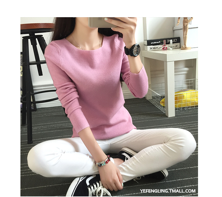 安朵莎 2016春季时尚新款毛衣针织衫学生外套女装套头秋季打底衫女上衣纯色潮 粉红色 均码