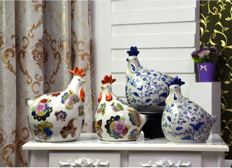 鸡的摆件公鸡工艺瓷狗创意客厅家居摆设装饰品 a款—彩花款一大一小