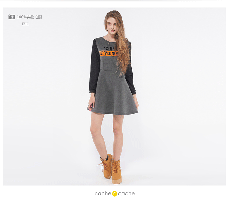 cachecache 2015秋新品 时尚字母接拼长袖连衣裙 2330006137 龙卷风灰137 M