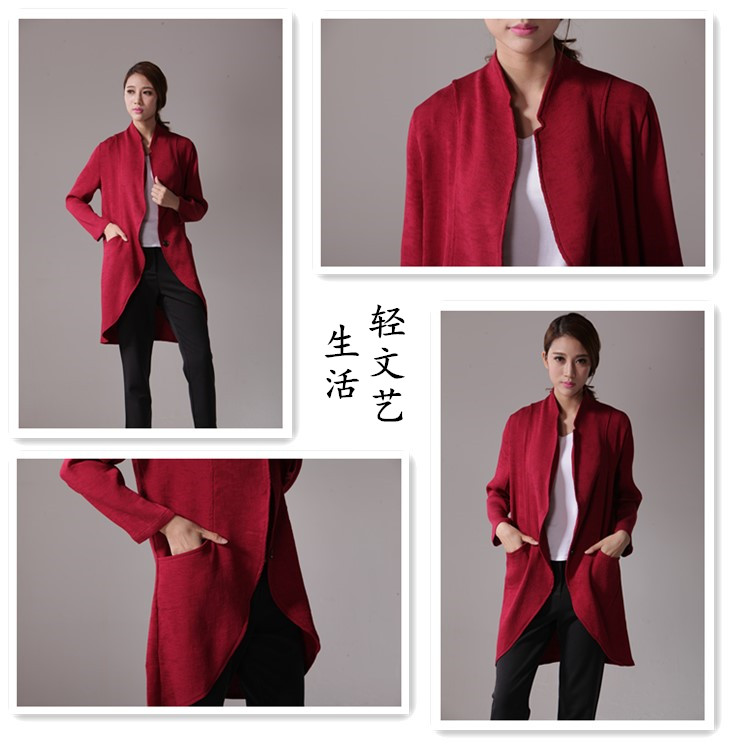 6079#秋季2015休闲小西装女外套亚麻显瘦中长款长袖休闲西服 藏青色 M
