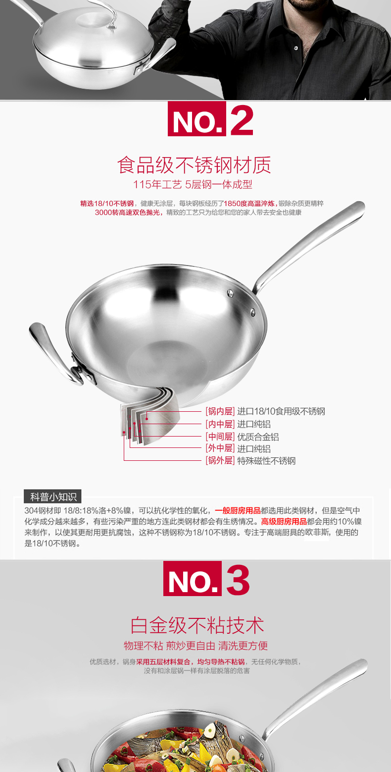 欧菲斯（OFEIS）进口厨具 炒菜锅32CM 无涂层 明火电磁炉通用医用不锈钢材质