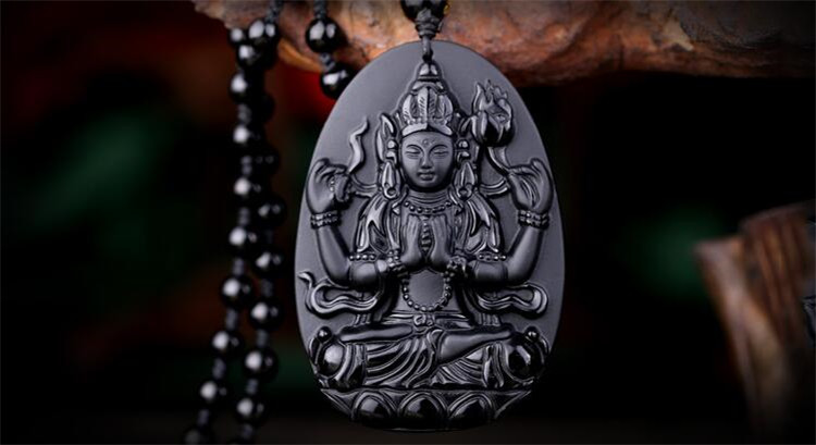 意恋 黑曜石观音吊坠男款菩萨项坠男女项链 项坠 挂件 礼物 黑色挂绳