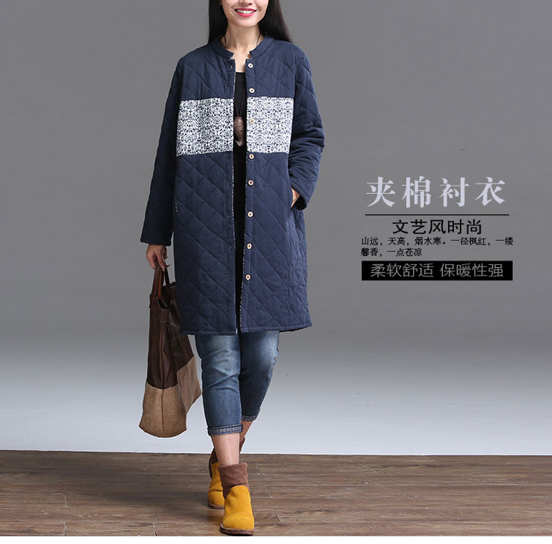 璞衣 2016秋秋季新品大码女装 夹棉加厚立领衬衣中长款长袖棉麻衬衫外套上衣 藏青色 M