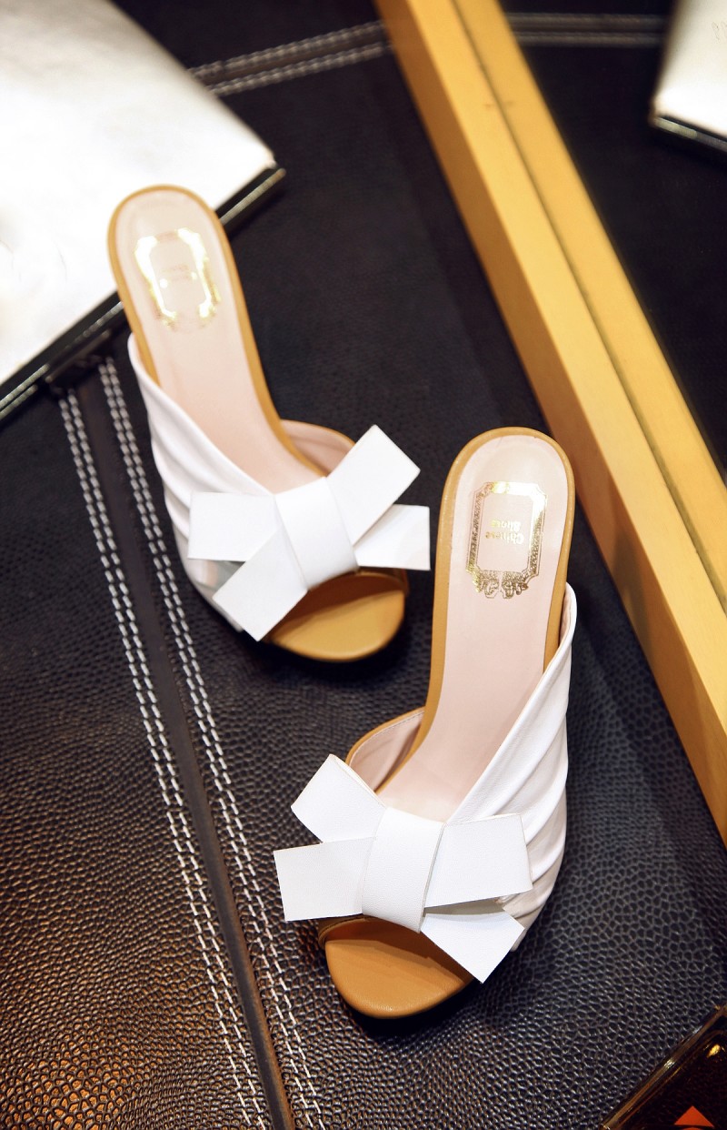 飞创2016新款蝴蝶结凉拖鞋一字女式拖鞋全皮夏潮细跟高跟防滑女拖