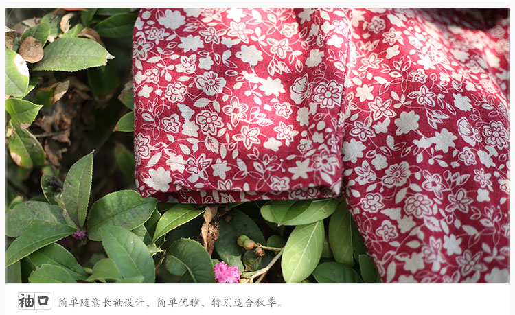 乱在江南春秋款民族风长款风衣女立领盘扣长款水洗碎花棉麻外套 藏青色 均码