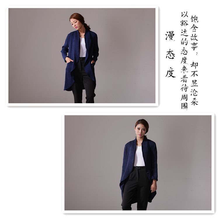 6079#秋季2015休闲小西装女外套亚麻显瘦中长款长袖休闲西服 藏青色 M