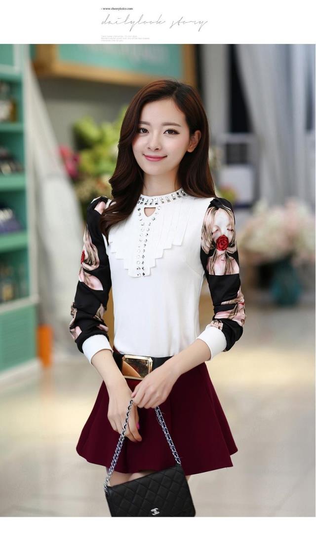 
                                        依阁莎2018新款韩版显瘦圆领镶钻雪纺长袖t恤打底衬衫女YG5661 白色 S                