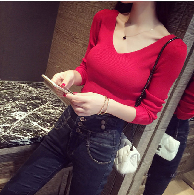 menibe 秋装V领长袖打底衫女新款紧身套头短款性感弹力针织衫 黑色 均码
