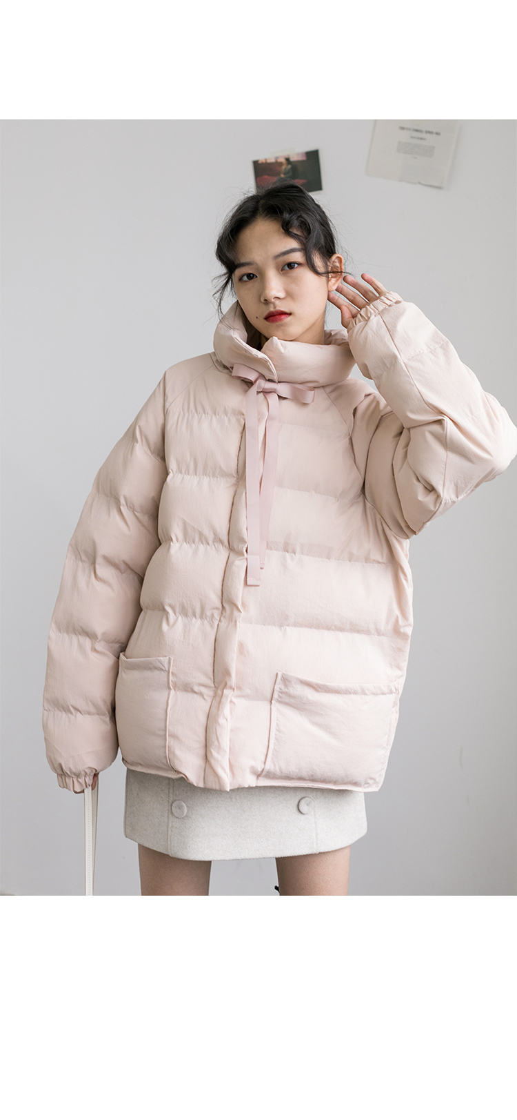 eggka立领冬季外套宽松棉服女2018新款可爱矮个子加厚面包服学 裸粉色