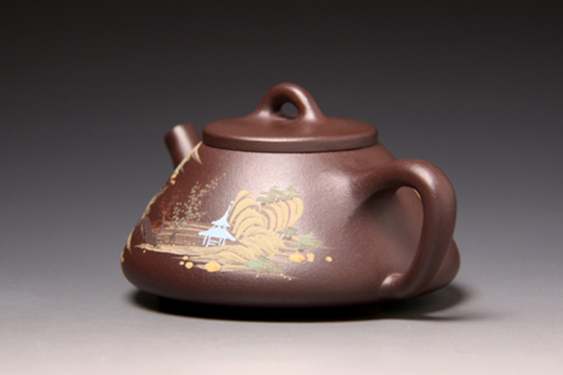 平壶秋月 宜兴全手工紫砂壶 名家正品魏顺妹全手工精品原矿黑泥泥绘