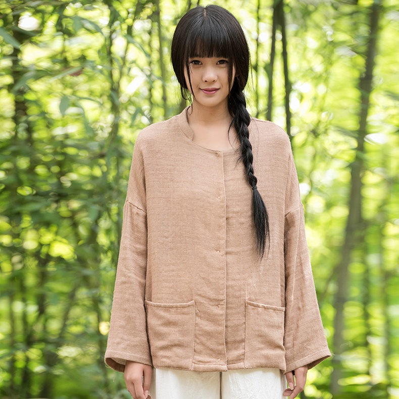 子牧棉麻2016春季新款双层粗麻手工缝制按扣纯麻长袖衬衫女0045树叶绿