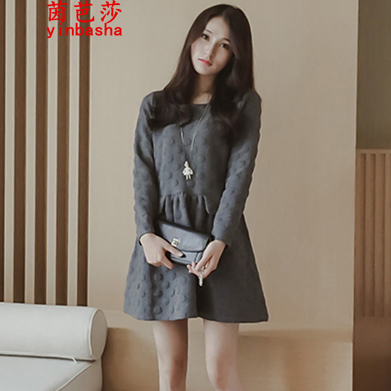 茵芭莎 孕妇装秋冬装优美压纹圆点裙名媛风圆领长袖连衣裙x8139 灰色