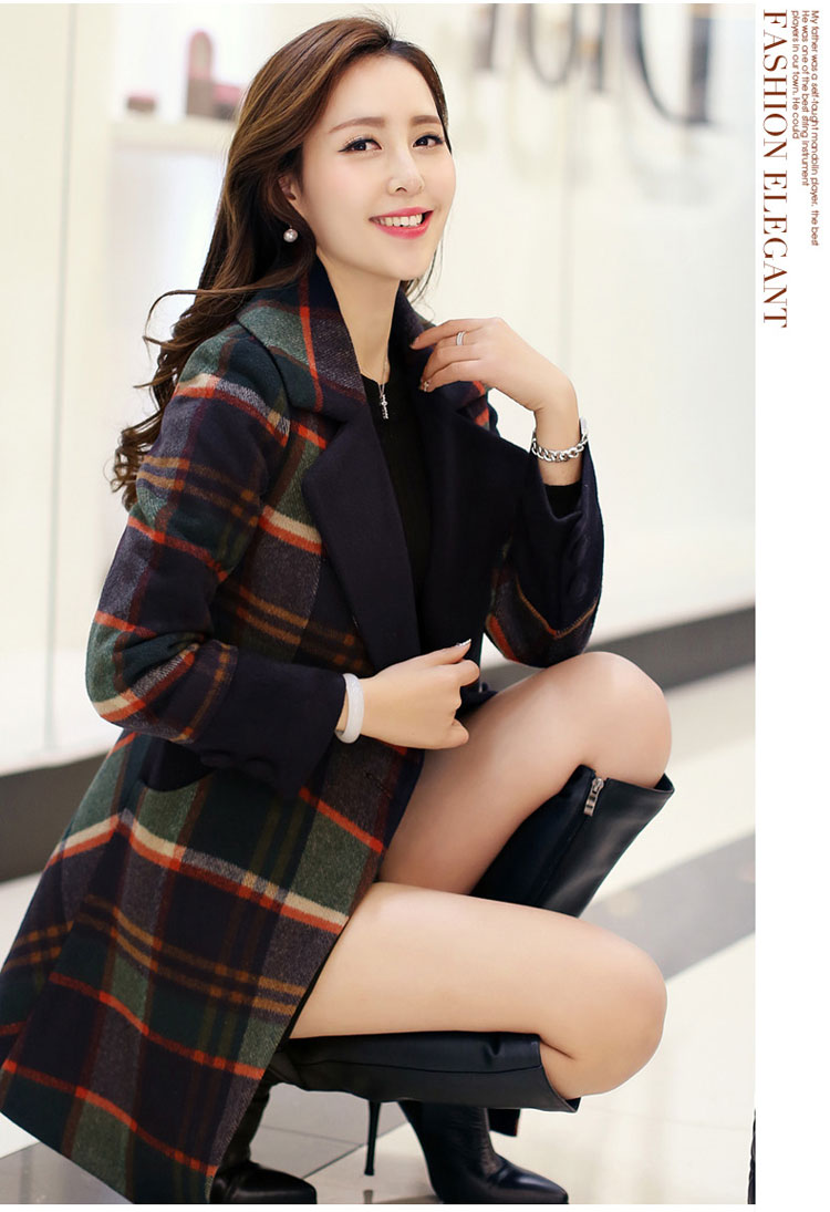 轩瑞莹2015秋冬新款韩版修身毛呢中长款外套呢子大衣女 藏蓝格子 XL