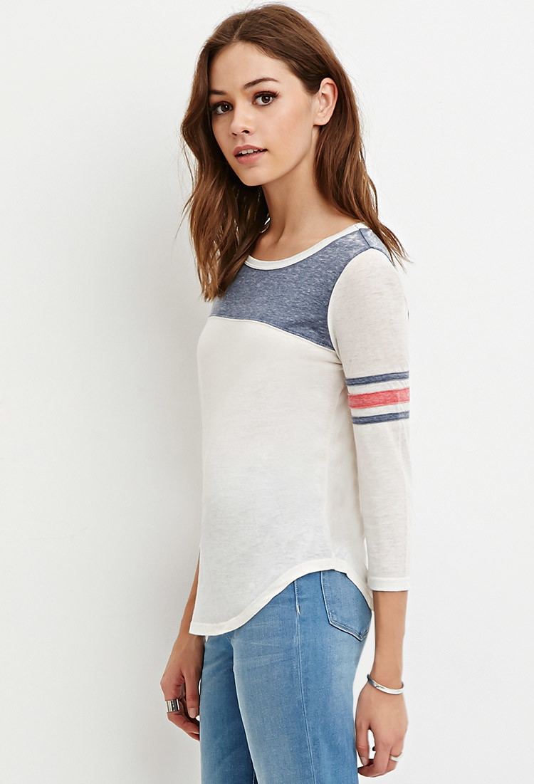 forever21 宽松棒球条纹七分袖t恤 奶油色/绿色 l