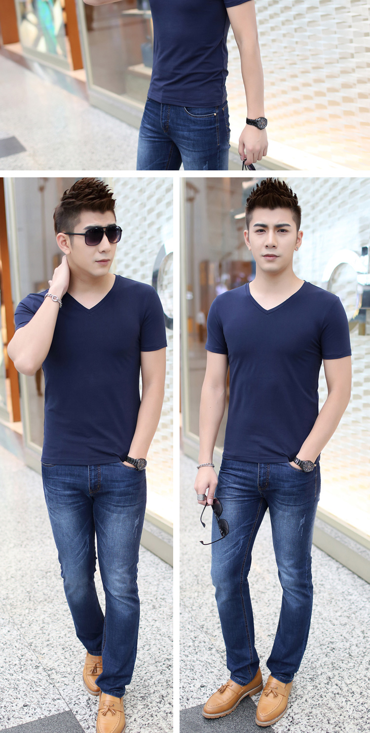 奈盾2016男士短袖t恤小衫休闲韩版修身纯色v领短袖t恤 黑色 m