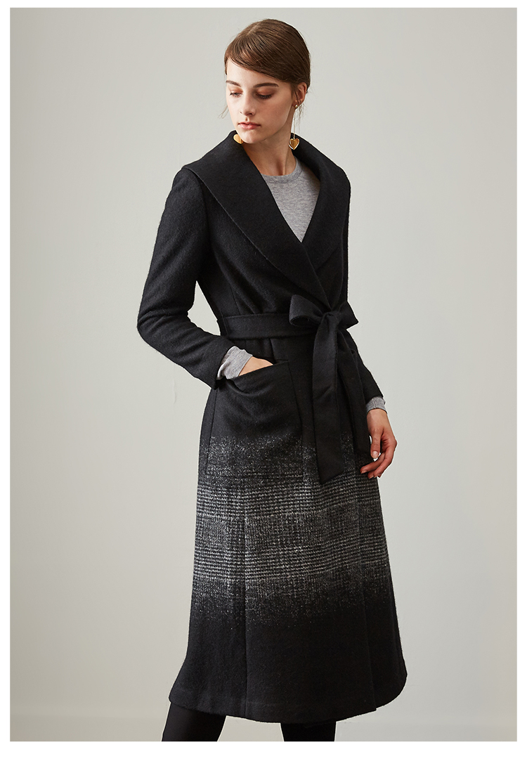 landi蓝地厚款收腰羊毛呢大衣女中长款外套lrdd558黑色001s