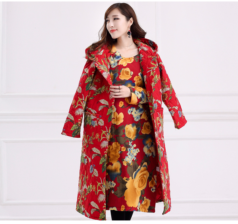 秋冬新款碎花宽松民族风棉衣女中长款夹棉加厚保暖连帽外套8327红绿m