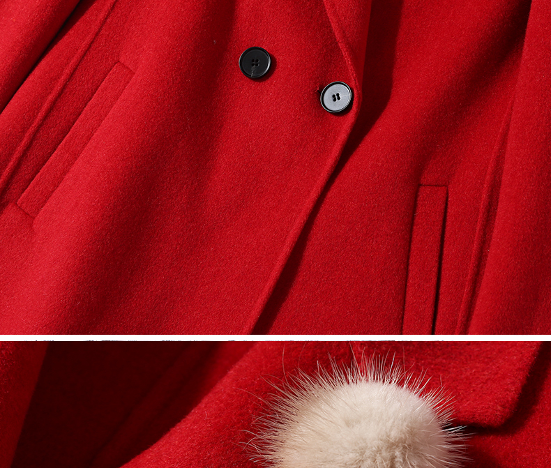 femly法曼丽 红色羊毛呢大衣2018秋冬新款气质修身款双面尼大衣w18032