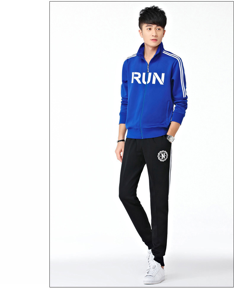 贺斯达 运动套装男士春秋运动服青少年跑步休闲时尚大码运动装 深蓝色