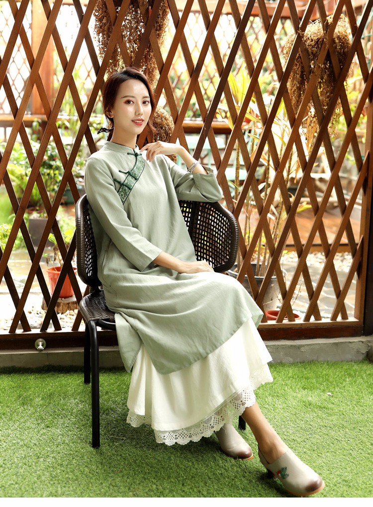 民国古良棉麻文艺女装2018秋装中式改良复古盘扣禅意茶服女连衣裙 淡