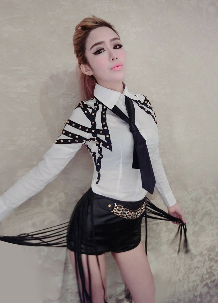 欧美酒吧夜店ds演出服dj爵士舞台装性感女歌手领舞服装 女装黑白色