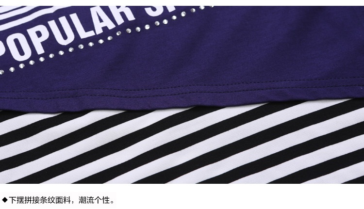 品蔻T恤女 2016新款印花T恤女短袖加大码胖妹妹修身显瘦条纹打底衫蕾丝上衣女春8112 宝蓝 L