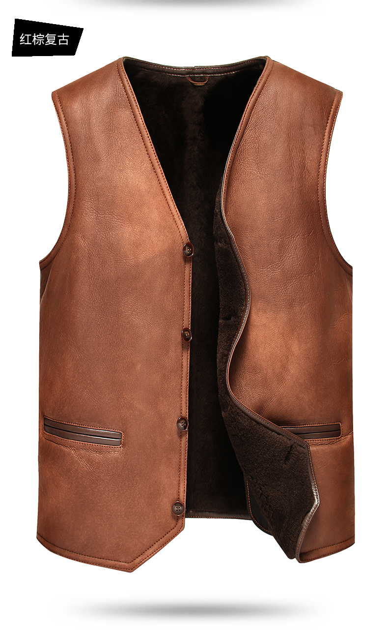冬季皮毛一体马甲男款真皮绵羊皮羊毛坎肩背心男式新加厚绒面v领棕色