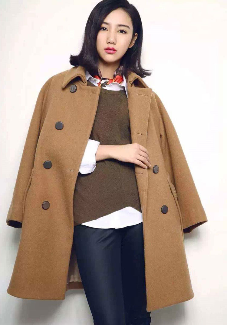 阿玛施款 2015冬季新款羊毛大衣双排扣毛呢外套女 驼色 s 2码