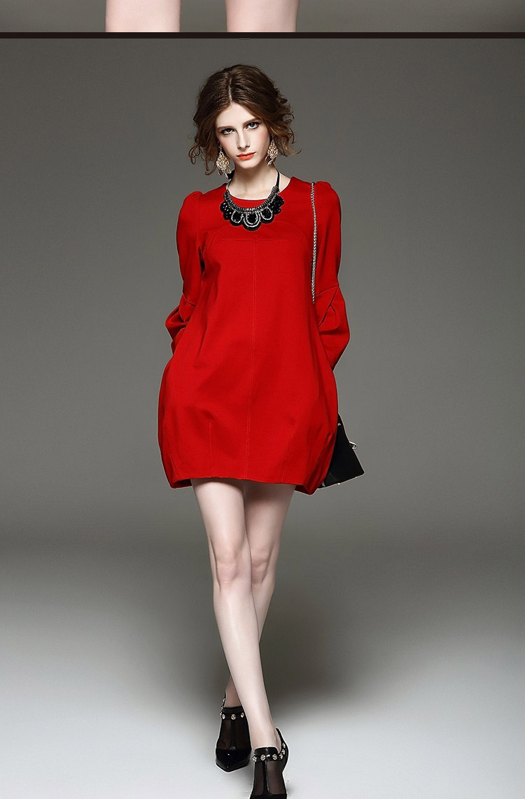 雯娜诗 2015秋季新款 简约时尚宽松灯笼裙百搭连衣裙女潮 红色 s