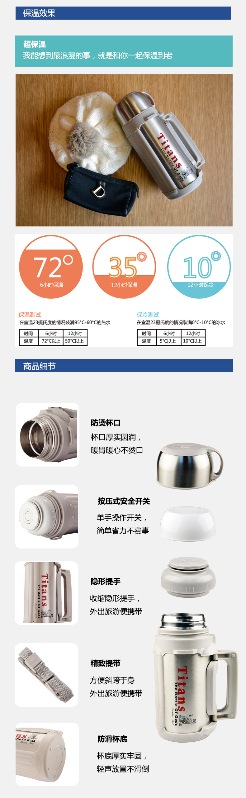 尼诺里拉泰坦家庭用大容量保温杯壶 304不锈钢真空防漏防溢保温壶 太空蓝1500ml