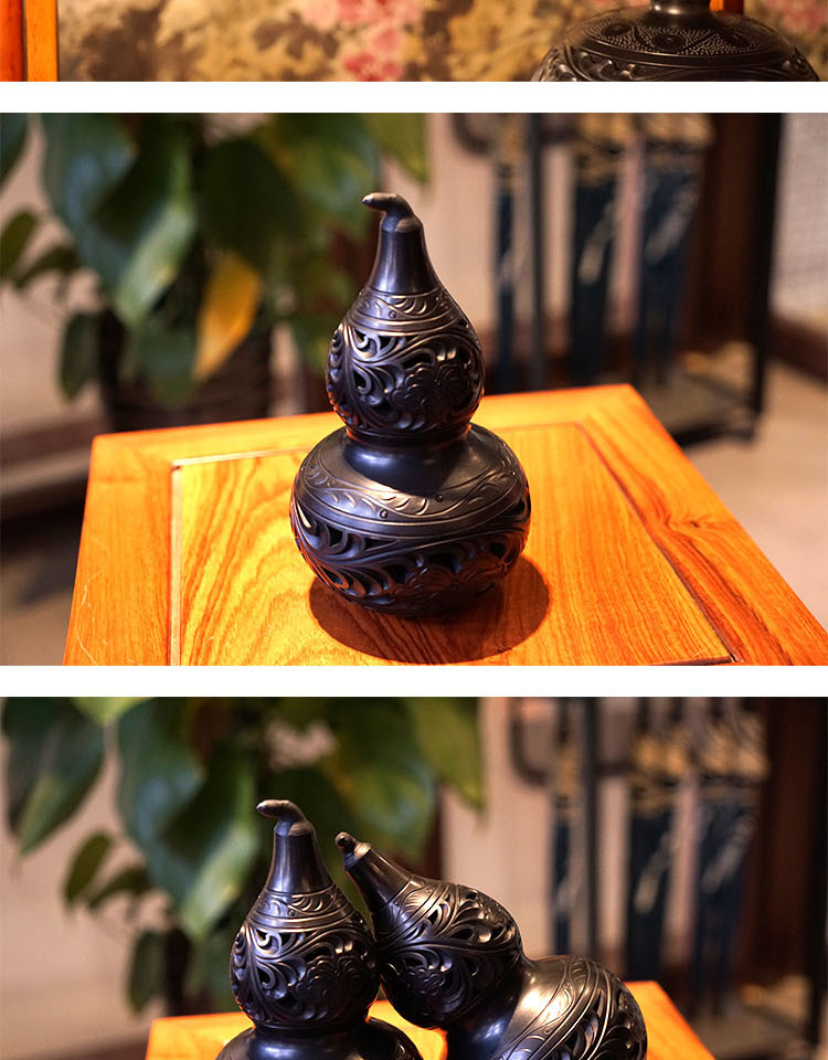 华夏记忆节日礼物梁子黑陶德州黑陶小对葫芦手工制作陶瓷礼品工艺品