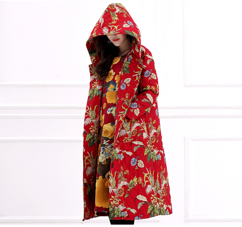 秋冬新款碎花宽松民族风棉衣女中长款夹棉加厚保暖连帽外套8327红绿m