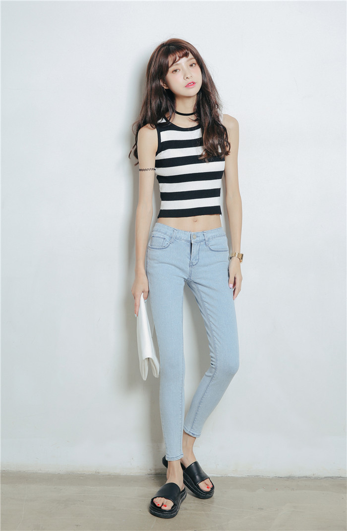 安幕饰 2016春装新款韩版浅色修身显瘦牛仔铅笔裤小脚裤女长裤 h234