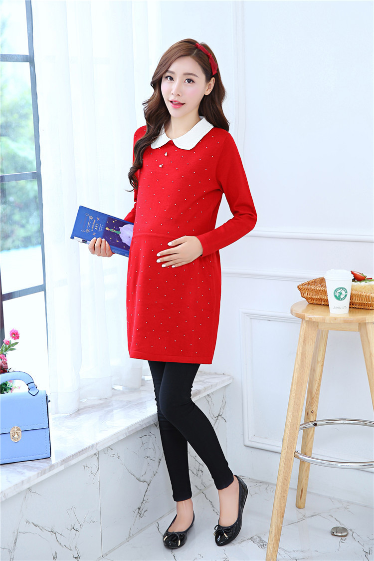 时尚休闲孕妇装串珠翻领孕妇针织衫韩版秋冬装孕妇毛衣魅力潮流孕妇