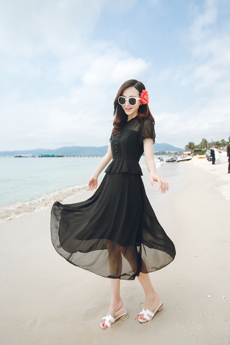 帛格2016沙滩裙夏季收腰修身显瘦泡泡袖淑女时尚气质通勤中长款雪纺