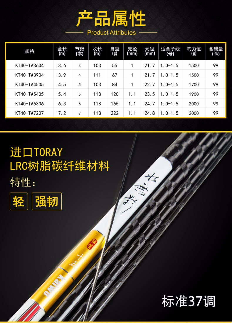 开沃精工渔具kaiwo开沃精工水无影游钓中国超轻大物鲤鱼竿台钓竿37调