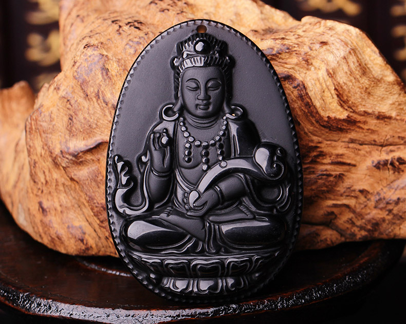 玉森林 黑曜石普贤菩萨 磨砂款男女款吊坠 黑曜石珠链