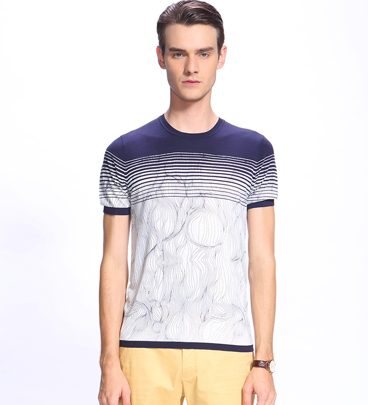 cardanro/卡丹路男装短袖圆领t恤时尚条纹修饰上衣 蓝色 48