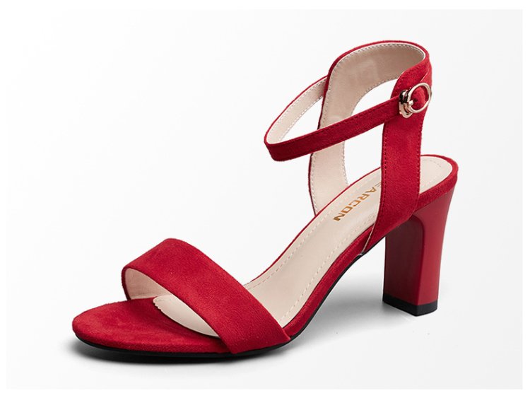 意尔康女鞋高跟鞋粗跟简约绒面时尚露趾女士扣带凉鞋6351zl29958w红色