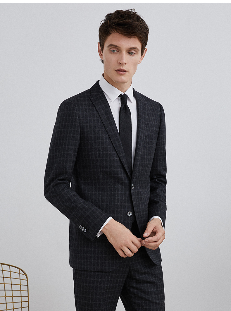 lampo蓝豹男西上装商务两粒扣超修身深灰色绒面隐格纯羊毛外套西装男