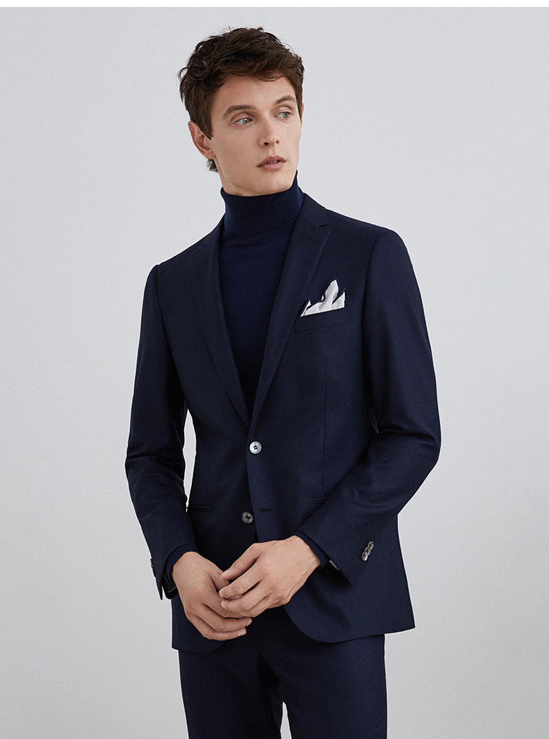 lampo/蓝豹男西服套装上装商务超修身藏青绒面小隐格纯羊毛西装外套男