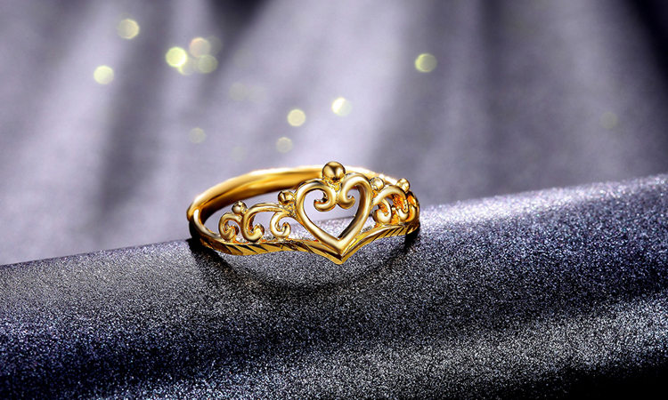 龙皇珠宝黄金戒指足金999爱心皇冠指环 开口可调节大小母亲女友礼物