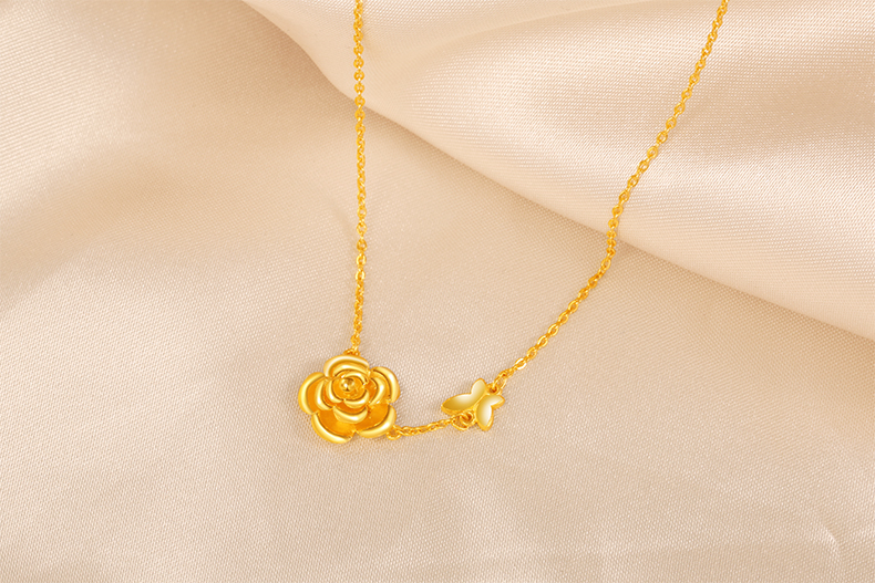 菜百首饰 黄金项链 足金喜福金山茶花朵链牌 时尚女款花型项链 计价