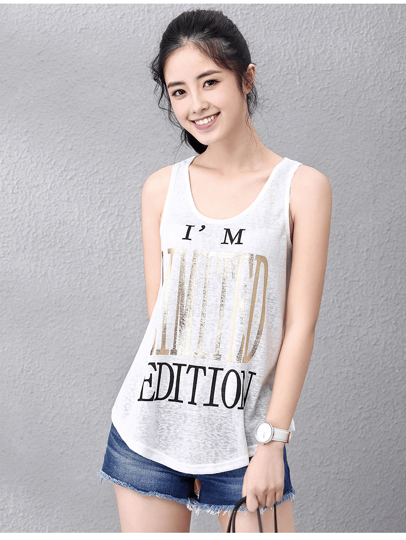 艾路丝婷2016夏季无袖字母吊带衫宽松休闲u型工字小背心女y0031 白色