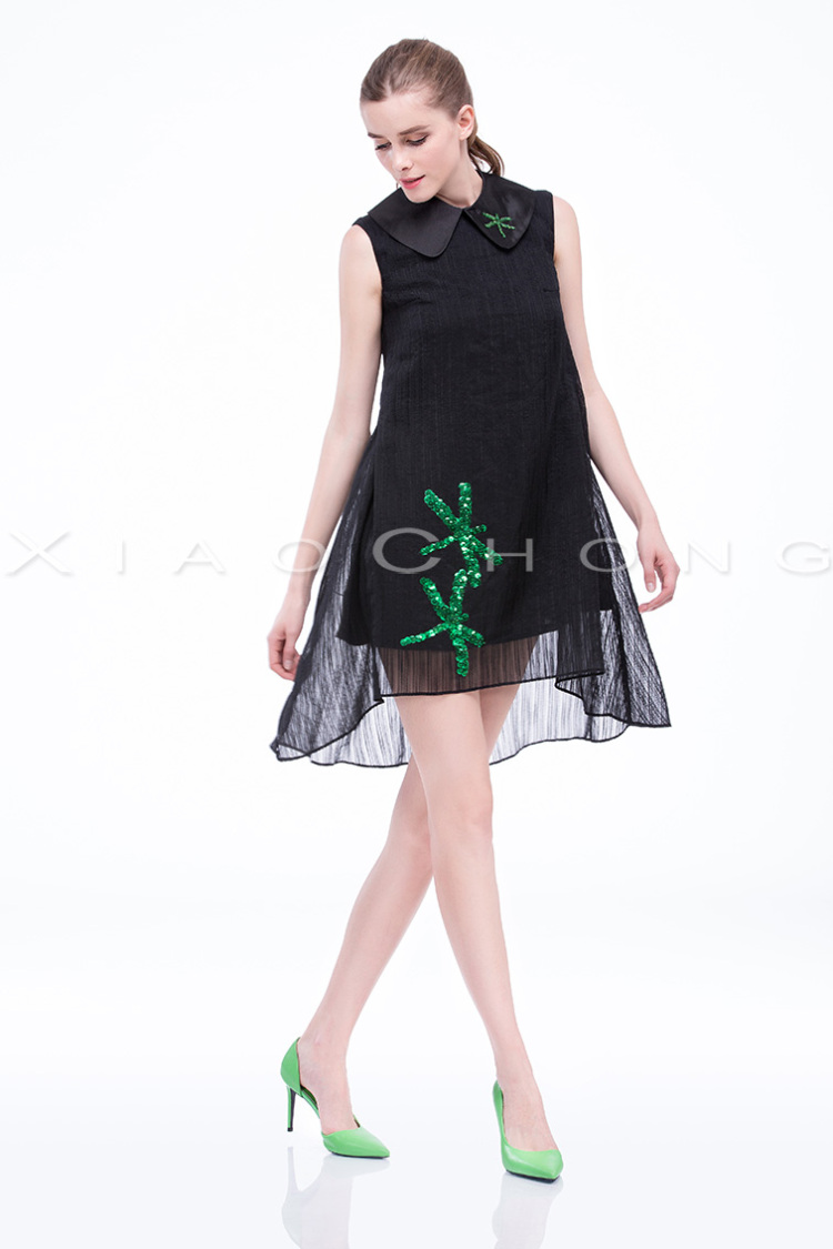 小虫女装2016夏季新品黑色欧根纱宽松娃娃领无袖连衣裙女 黑色 xl