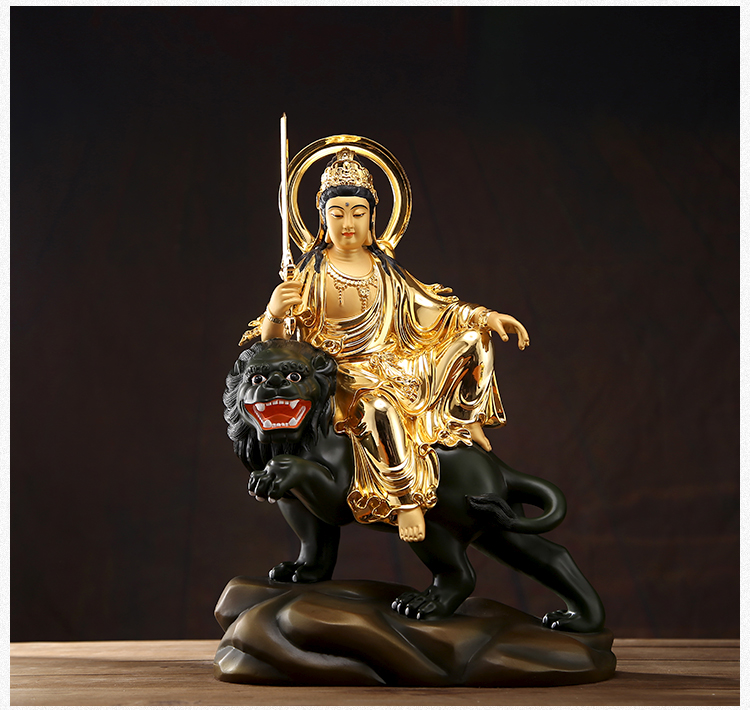 九黎 台湾宝华铜文殊普贤菩萨佛像16寸鎏金彩绘华严三圣摆件 文殊菩萨