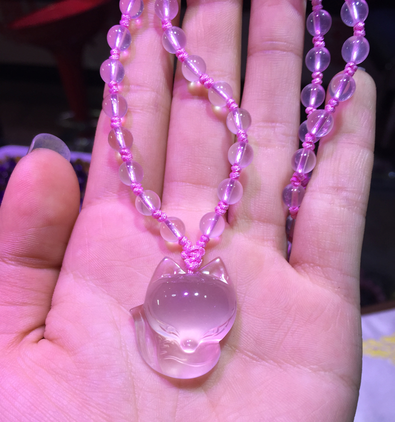 馨佑粉水晶小狐狸粉晶项链毛衣链吊坠旺爱情粉色饰品女士粉狐狸吊坠配