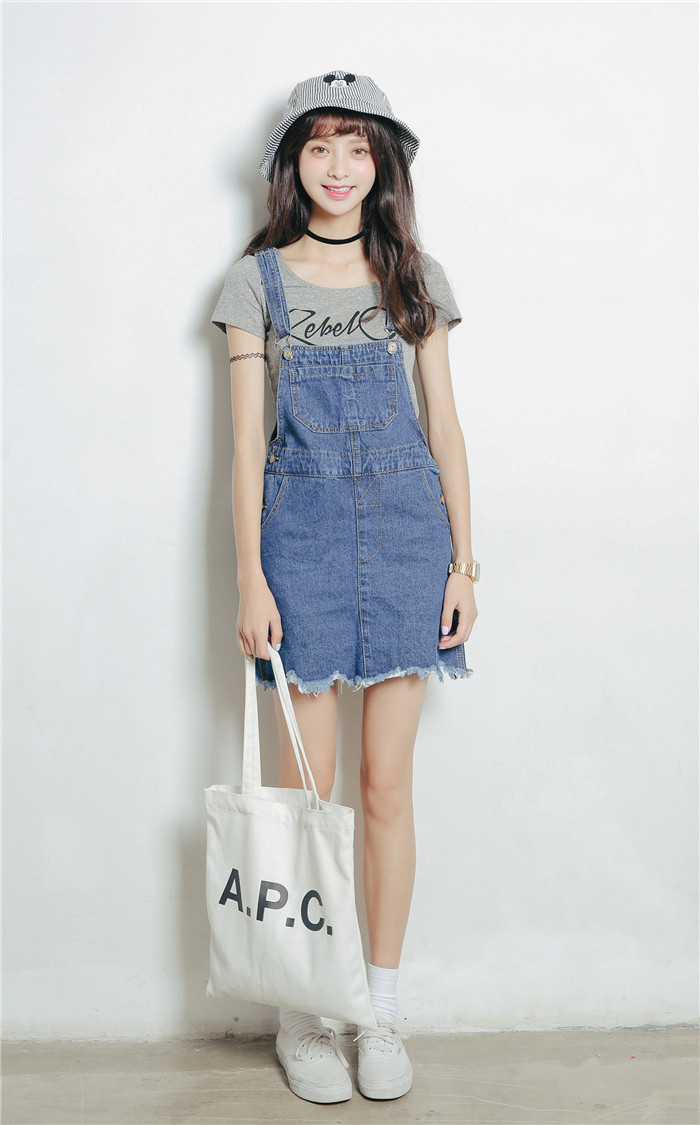 奥靓牛仔背带裙连衣裙女修身毛边显瘦大码背心裙 d2 蓝色 s