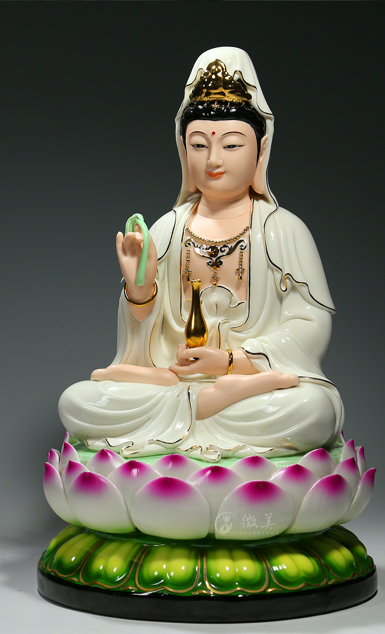 尺吋笑脸观音佛像供奉家用观世音菩萨摆件白衣彩绘 白衣观音描金彩绘